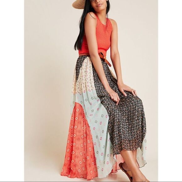 nwot VERB Anthropologie Pallavi Singhee Margot Patchwork Maxi Skirt Size 2